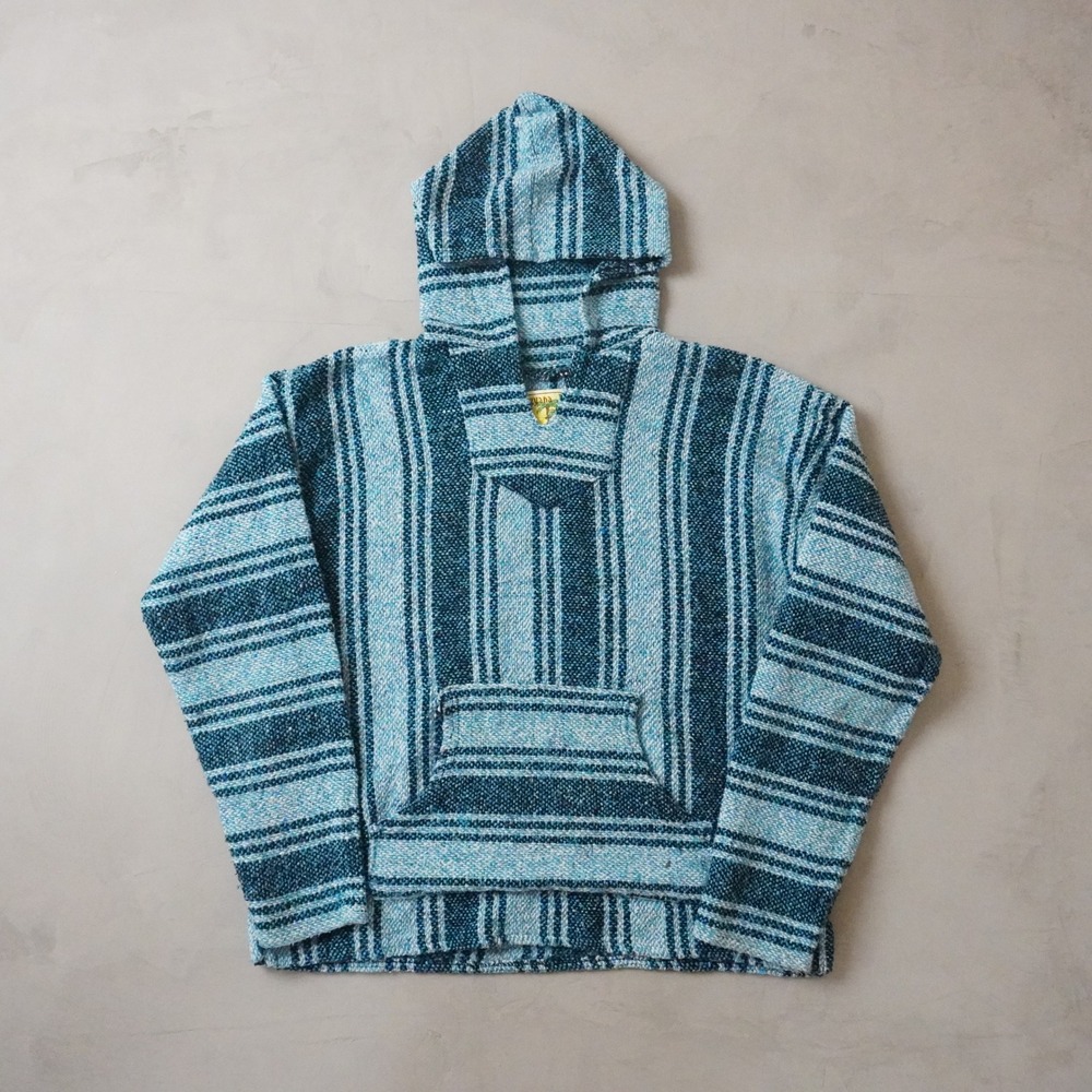 Vintage Iguana Jack Baja Hoodie L Mens Blue Striped Mexican Poncho Rug Surf